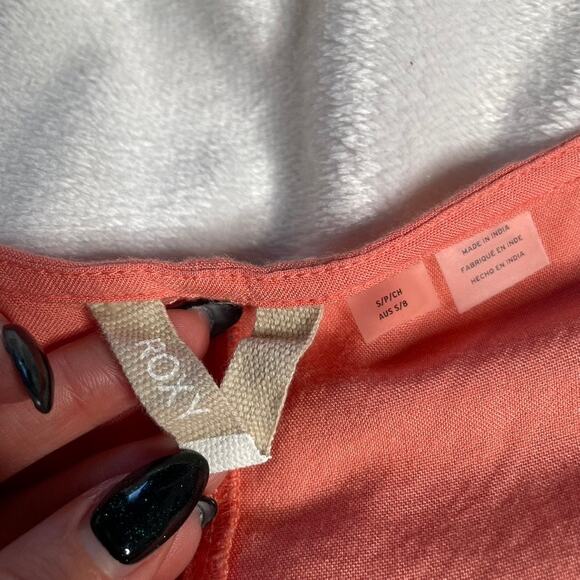 ROXY Peach Coral Butterfly Sleeve Button Swing Dress Small Elastic Waist - Picture 3 of 5